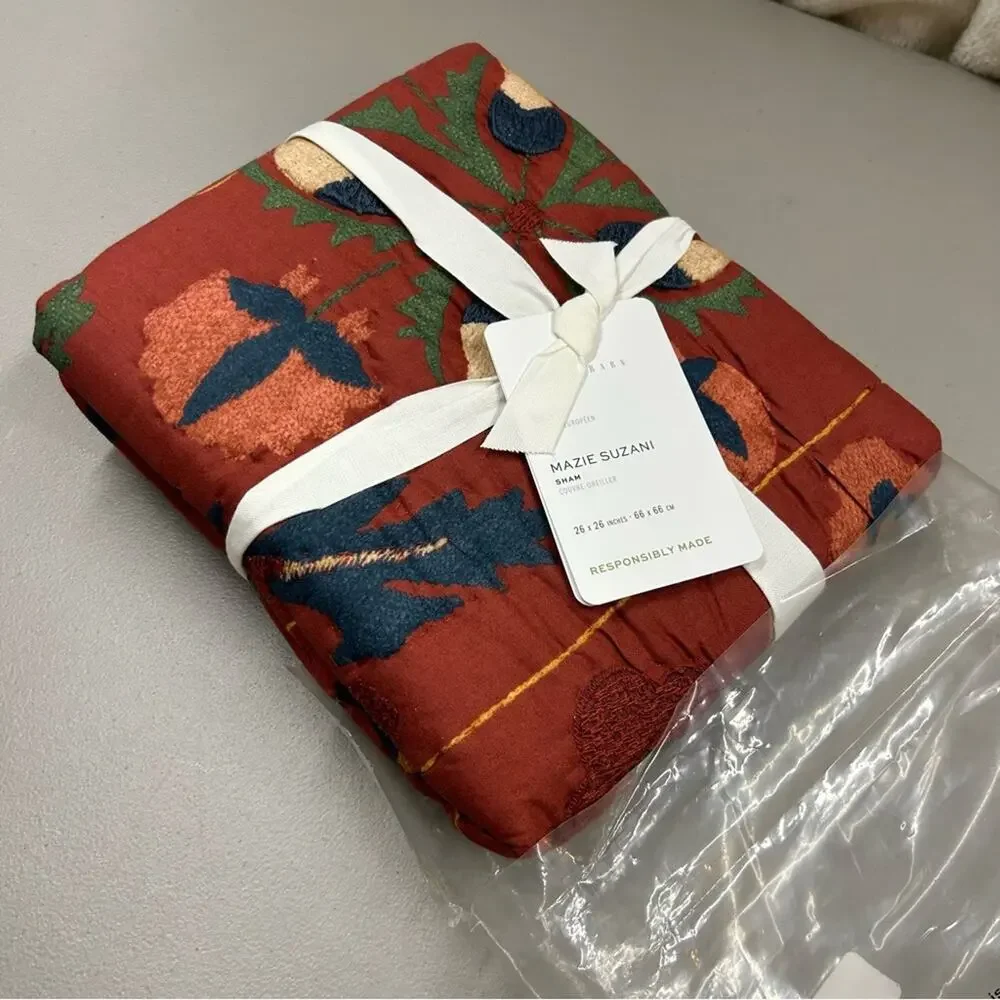 3 Pottery Barn Mazie Suzani Quilted EURO Pillow Sham Covers Embroidered Red NWT